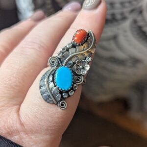 Sz 9 Sterling Silver With Turquoise And Coral Floral Ring